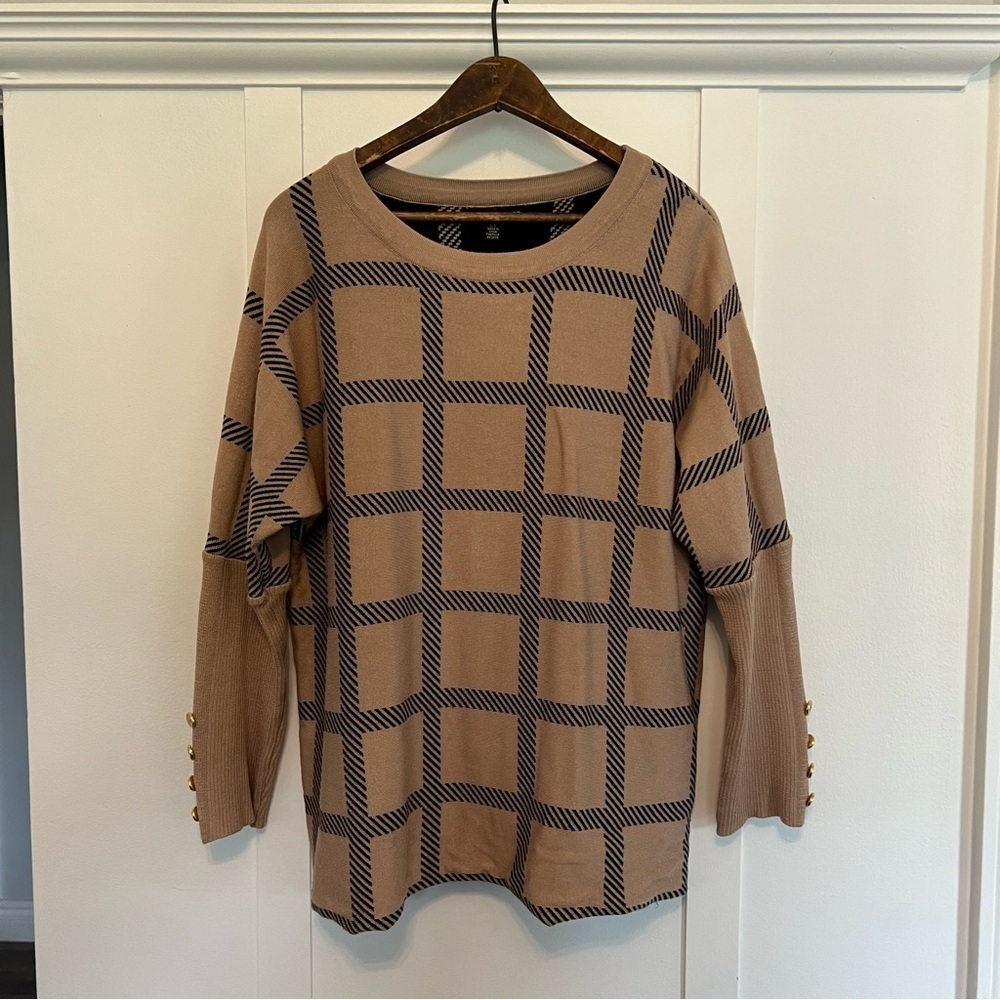 Women's Large Cable & Gauge Tan Square Patterned Sweater with Button Sleeves - Picture 4 of 9